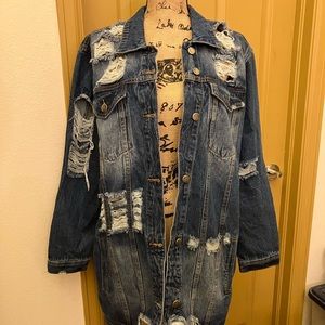 Hot & delicious longline long denim jean jacket destroyed ripped large L trendy